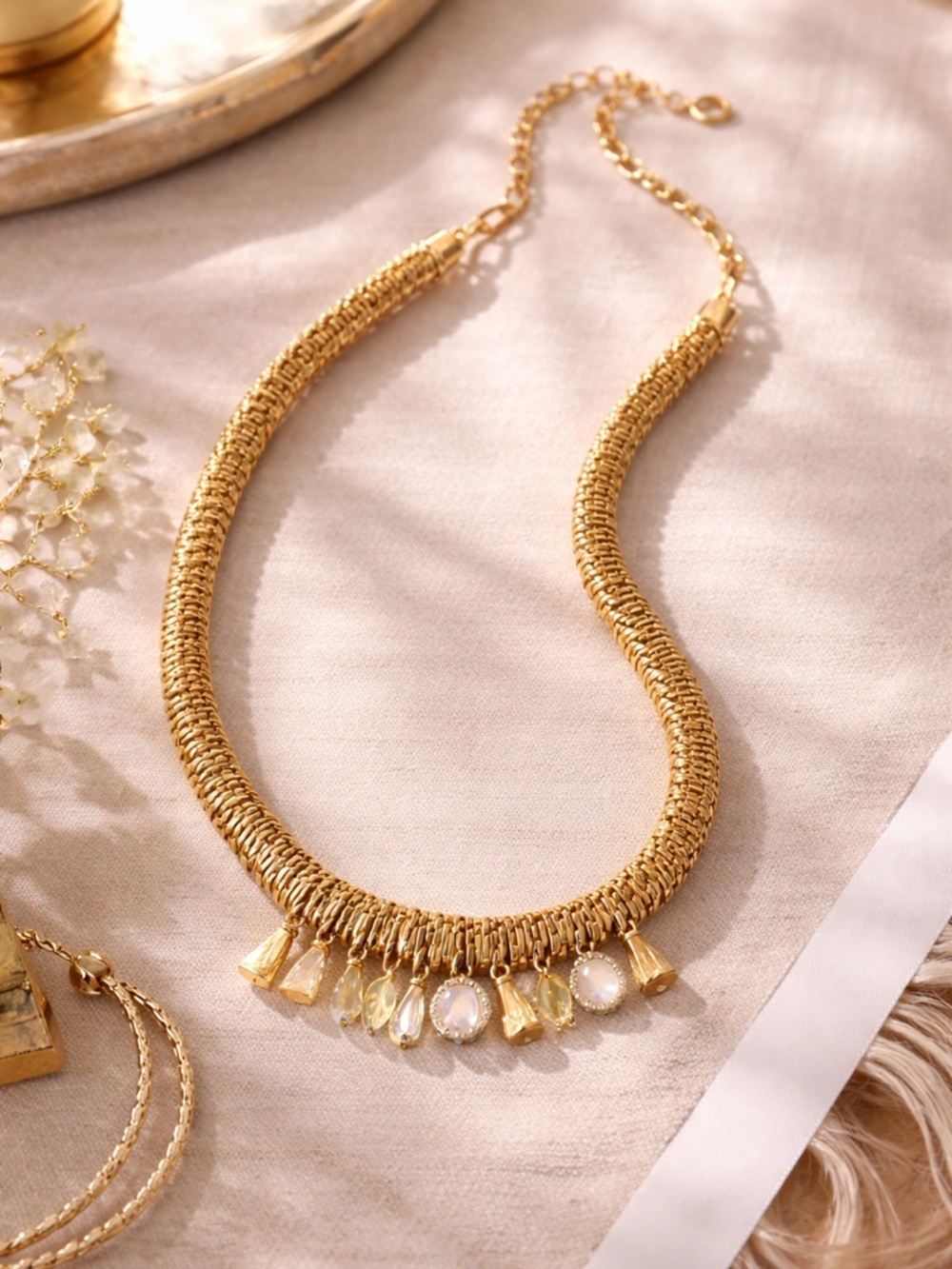 Anthropologie Gold Crystal Statement Necklace NWT